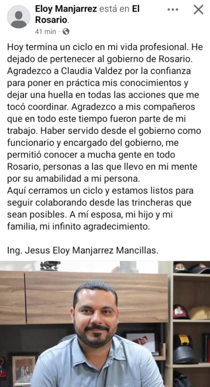 $!Deja Obras Públicas Eloy Manjarrez; Ayuntamiento de Rosario no aclara si fue renuncia o despido