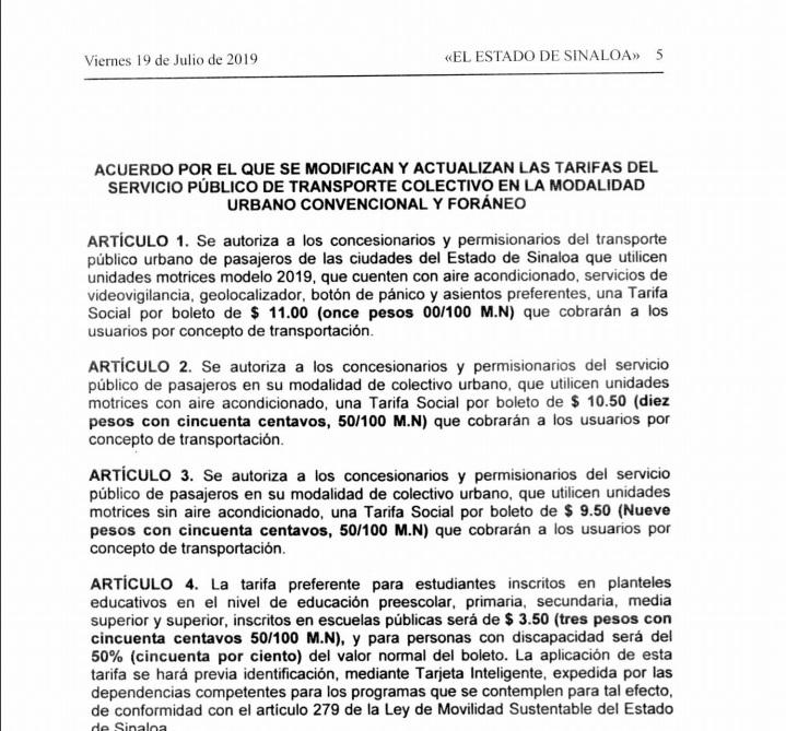 $!Publican en el Periódico Oficial aumento de tarifa al transporte de Culiacán