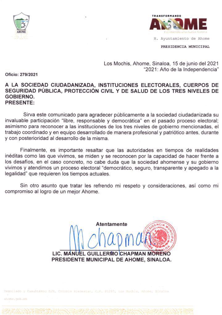 $!En Ahome se vivió un proceso electoral democrático, seguro, transparente y apegado a la legalidad: Chapman
