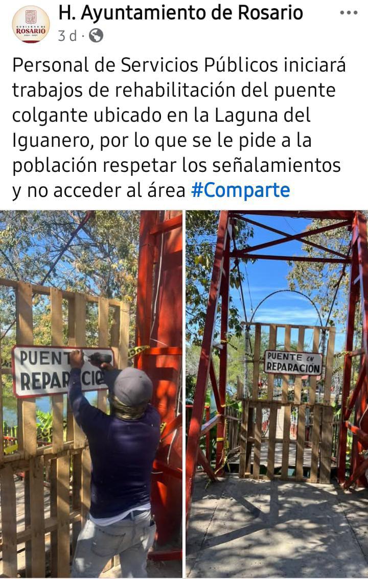 $!Cierran puente colgante por reparaciones en Rosario