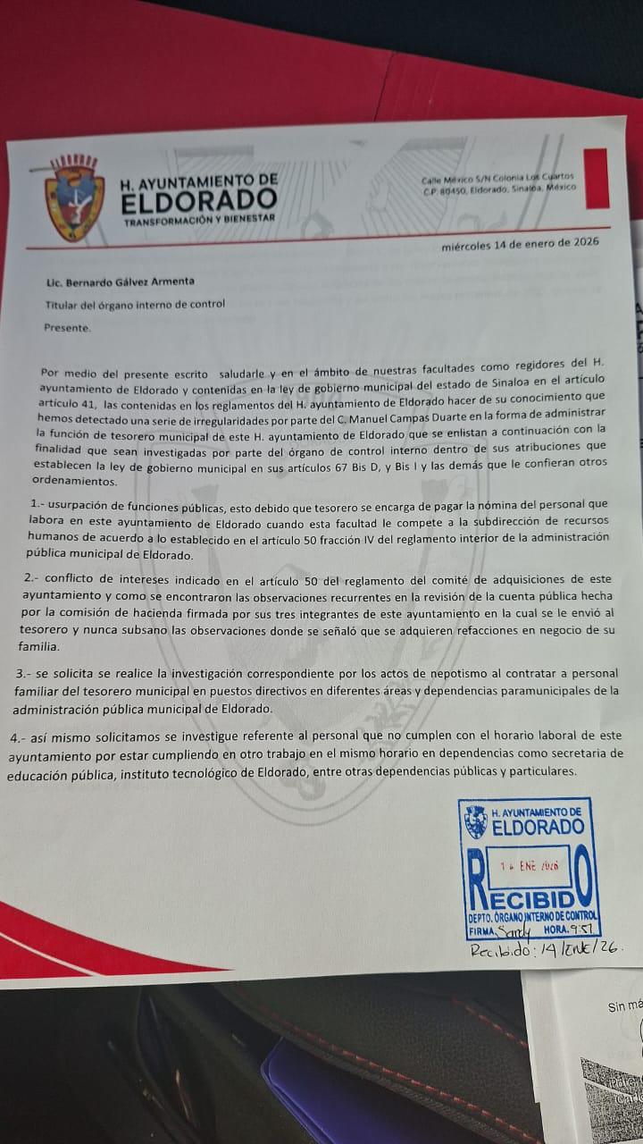 $!Denuncian regidores de Eldorado ante el OIC presunto nepotismo y conflicto de intereses del Tesorero Municipal