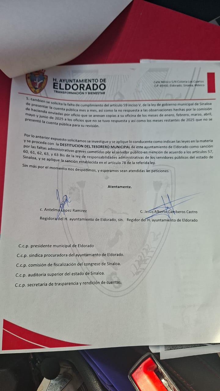 $!Denuncian regidores de Eldorado ante el OIC presunto nepotismo y conflicto de intereses del Tesorero Municipal