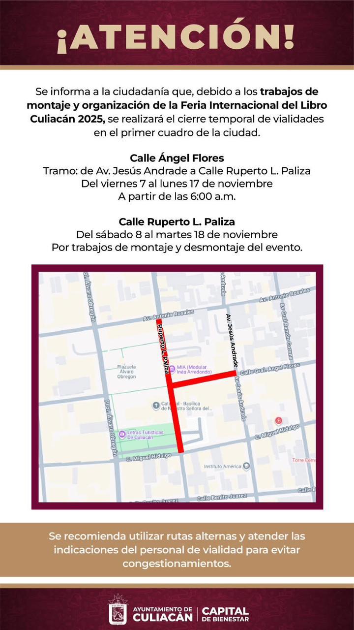 $!Cerrarán calles del primer cuadro de Culiacán por la Feria Internacional del Libro 2025