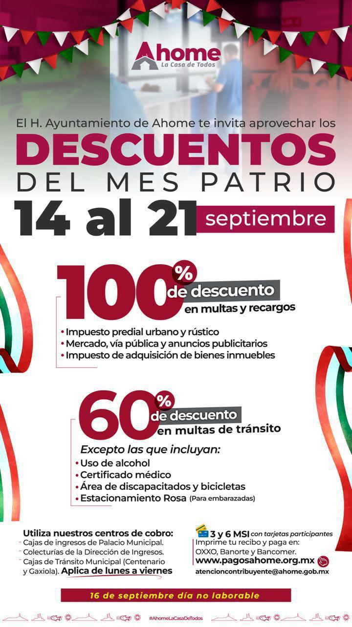 $!Ahome lanza el programa ‘Descuentos del Mes Patrio’ el cual condonará el 100% en multas y recargos
