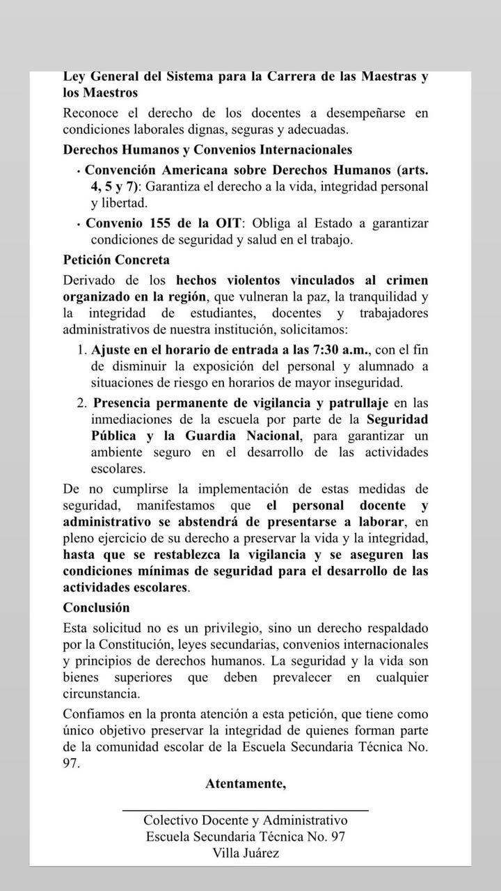 $!Escuela Técnica 97 de Villa Juárez exige seguridad ante violencia en la región