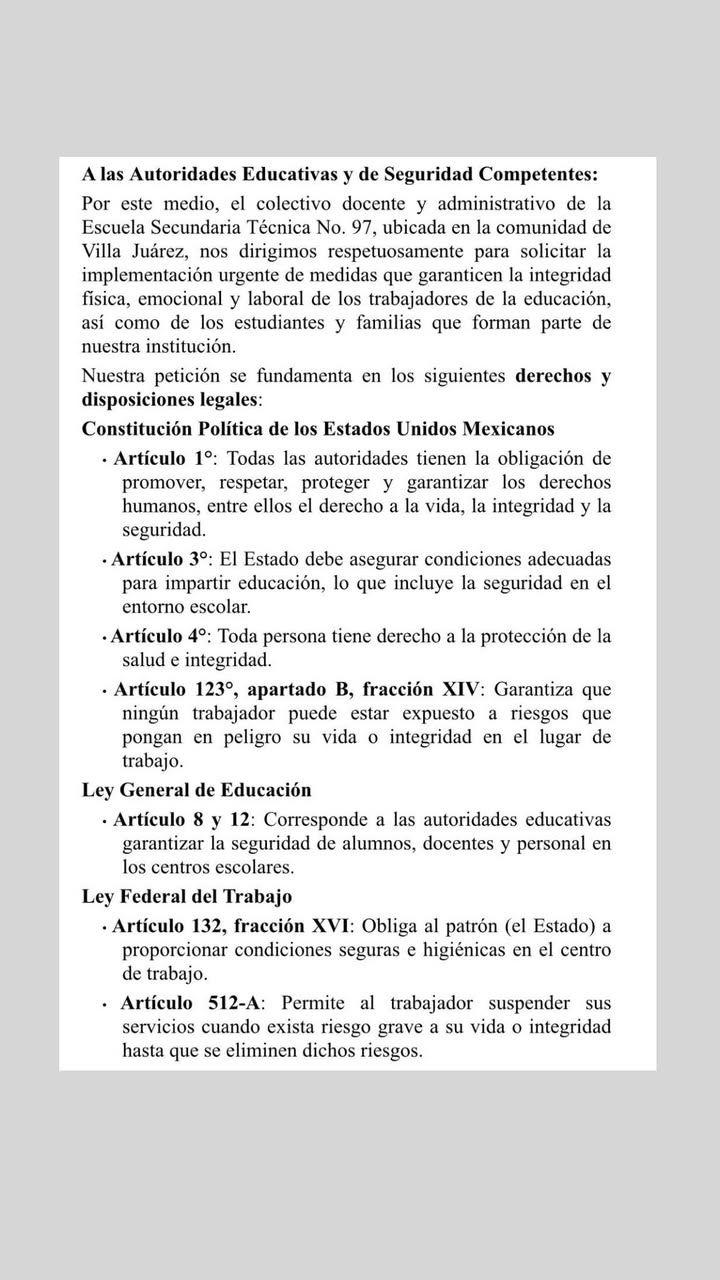$!Escuela Técnica 97 de Villa Juárez exige seguridad ante violencia en la región