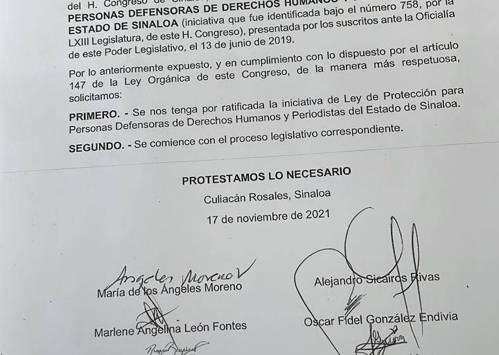 Activistas acuden al Congreso de Sinaloa para ratificar iniciativa de Ley de Protección a Periodistas y Defensores de Derechos Humanos