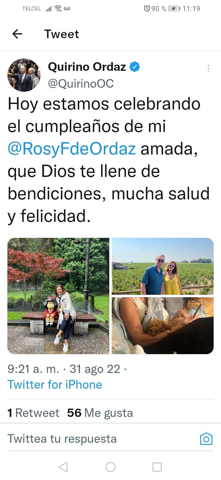 $!El embajador de México en España, Quirino Ordaz Coppel felicita a su esposa Rosy Fuentes de Ordaz por su cumpleaños vía redes sociales.