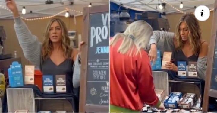 $!Visita Jennifer Aniston un mercado donde promociona y regala sus productos