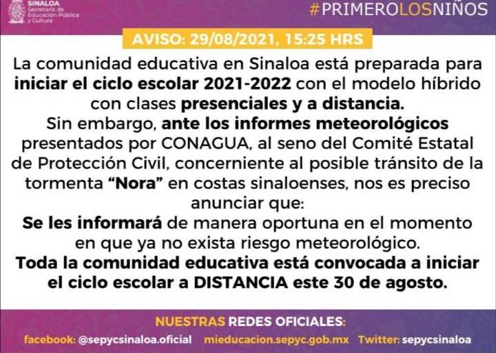 Por tormenta Nora suspenden inicio presencial de clases en Sinaloa y este lunes, el ciclo escolar arranca de manera virtual
