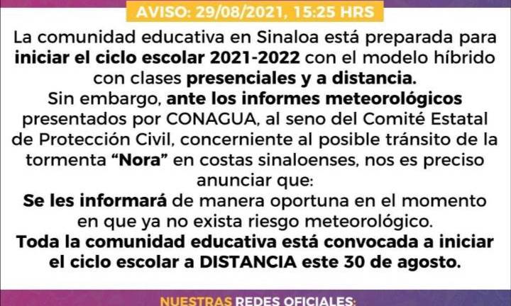 Por tormenta Nora suspenden inicio presencial de clases en Sinaloa y este lunes, el ciclo escolar arranca de manera virtual