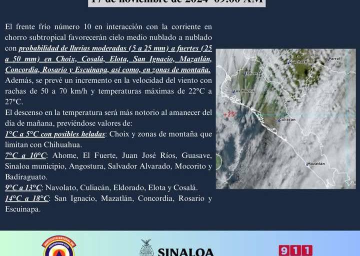 Dejará Frente Frío 10 descenso de temperaturas en Sinaloa, posibles heladas en Choix y lluvias al sur