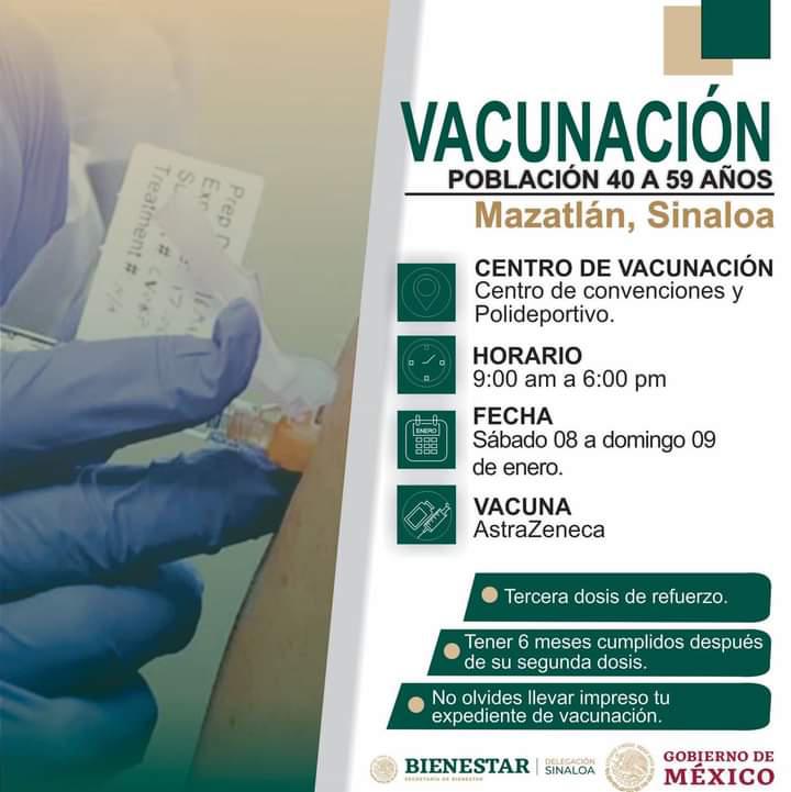 $!Vacunarán con tercera dosis a adultos de 40 a 59 años este sábado y domingo, en Mazatlán