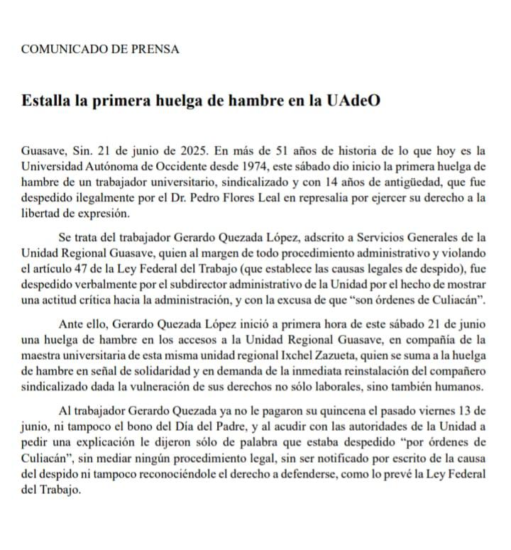 $!Trabajador de la UAdeO en Guasave inicia huelga de hambre por presunto despido injustificado
