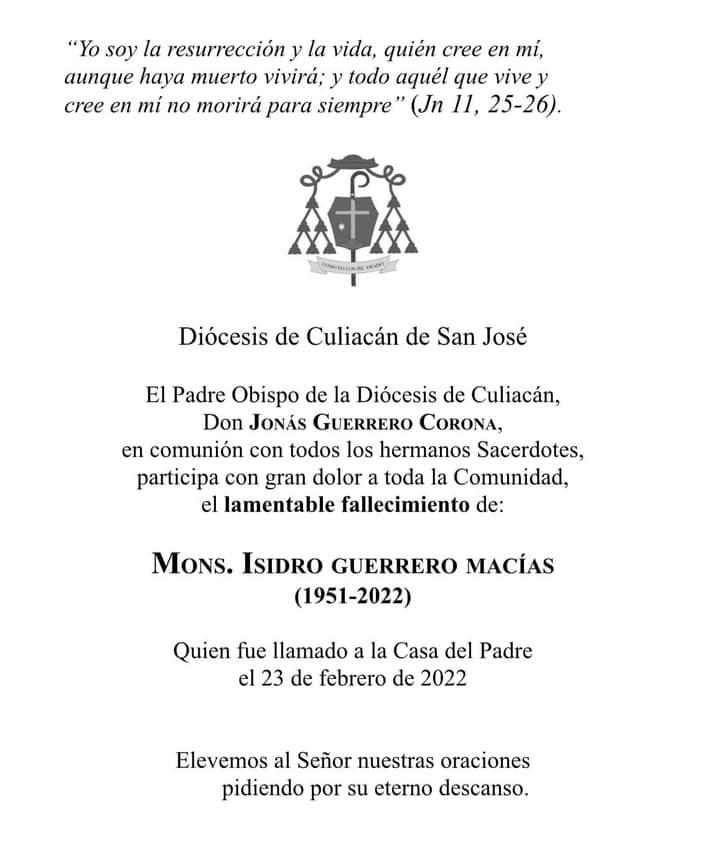 $!Fallece Obispo José Isidro Guerrero Macías, El Padre Chilo, por problemas del Covid