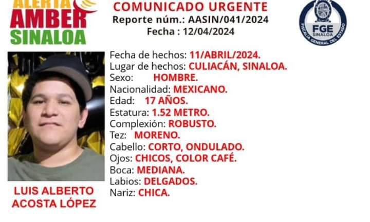 Desaparece Luis Alberto, de 17 años, en Culiacán