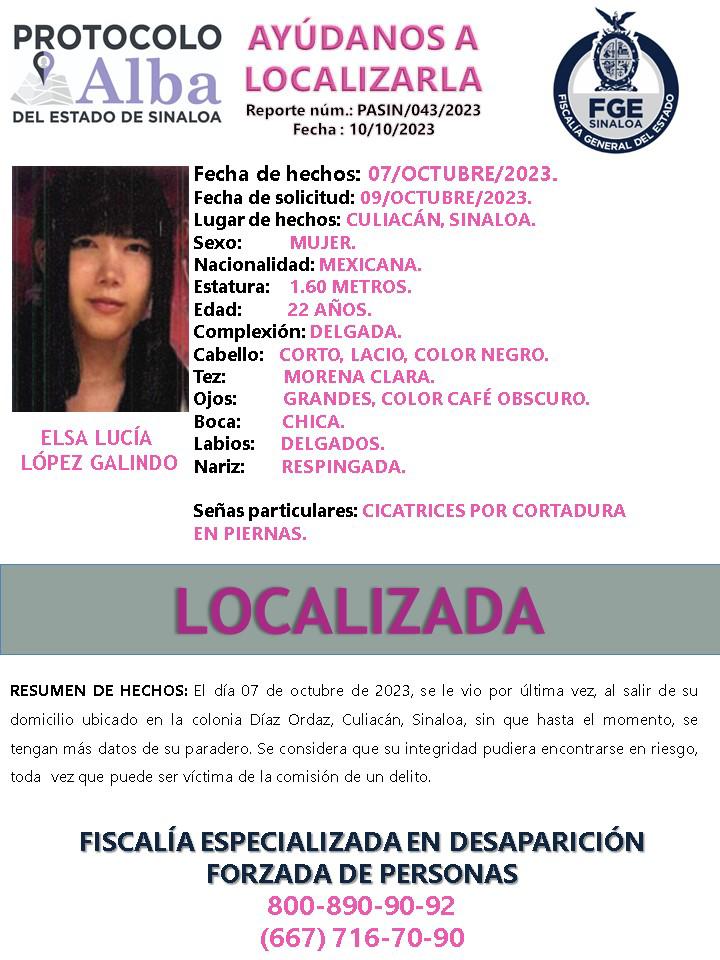 $!Localizan a Elsa Lucía, reportada como desaparecida en Culiacán