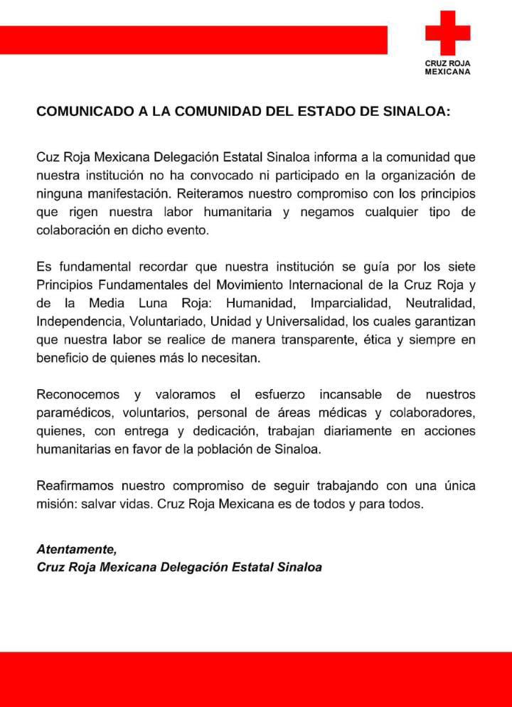 $!Se deslinda Cruz Roja Mexicana en Sinaloa de llamados a manifestación