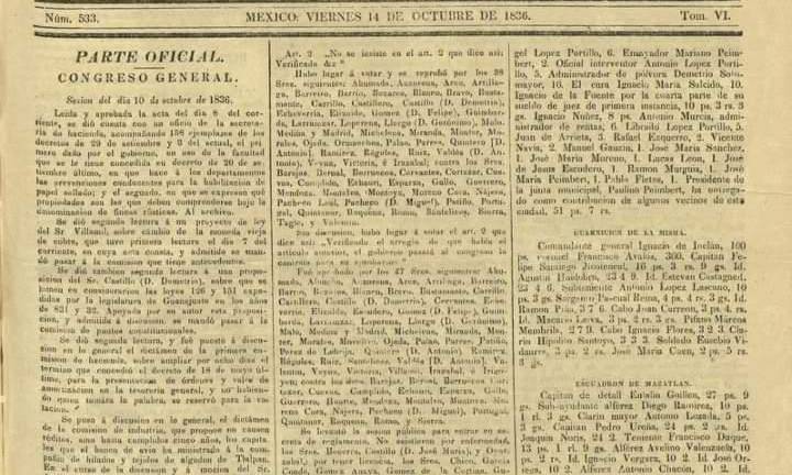 El Diario del Gobierno de la República Mexicana, con fecha del 14 de octubre de 1836