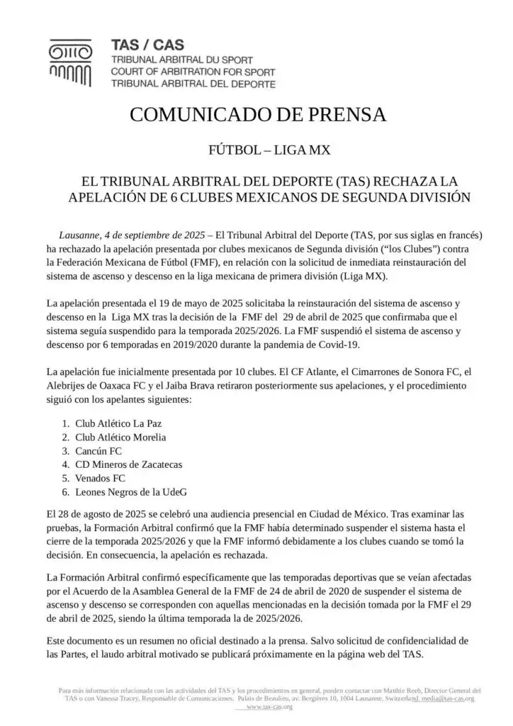 $!TAS rechaza apelación de clubes de Expansión MX: el ascenso seguirá suspendido hasta 2026