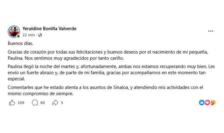 Mensaje de la Gobernadora de Sinaloa Yeraldine Bonilla Valverde tras el nacimiento de su hija.