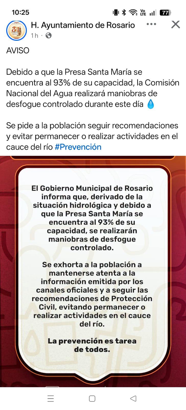$!Alertan por desfogue de la presa Santa María en Rosario