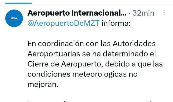 A través de redes sociales, el Aeropuerto Internacional de Mazatlán informó del cierre del lugar este lunes.