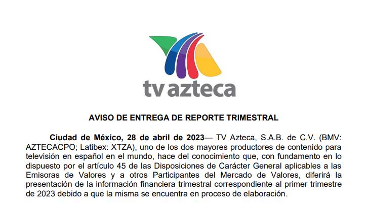 Aviso de TV Azteca en el que anunciaba que no podría presentar su reporte trimestral.
