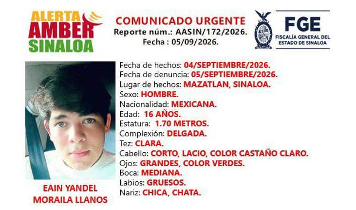 Eain Yandel Moraila Llanos, de 16 años, es reportado como desaparecido en Mazatlán.