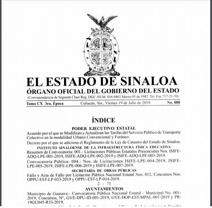 $!Publican en el Periódico Oficial aumento de tarifa al transporte de Culiacán