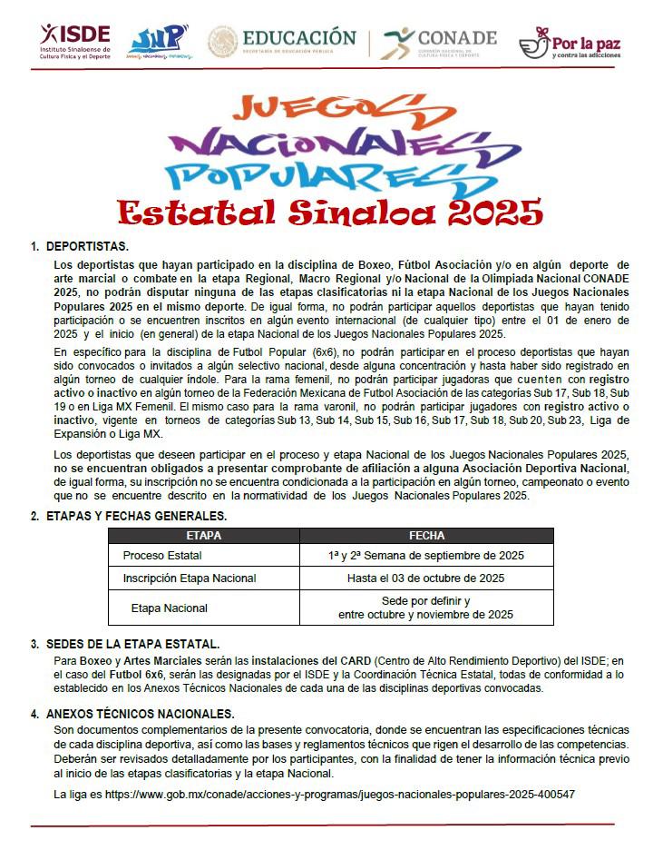 $!Convocan a los Juegos Nacionales Populares Estatal Sinaloa 2025