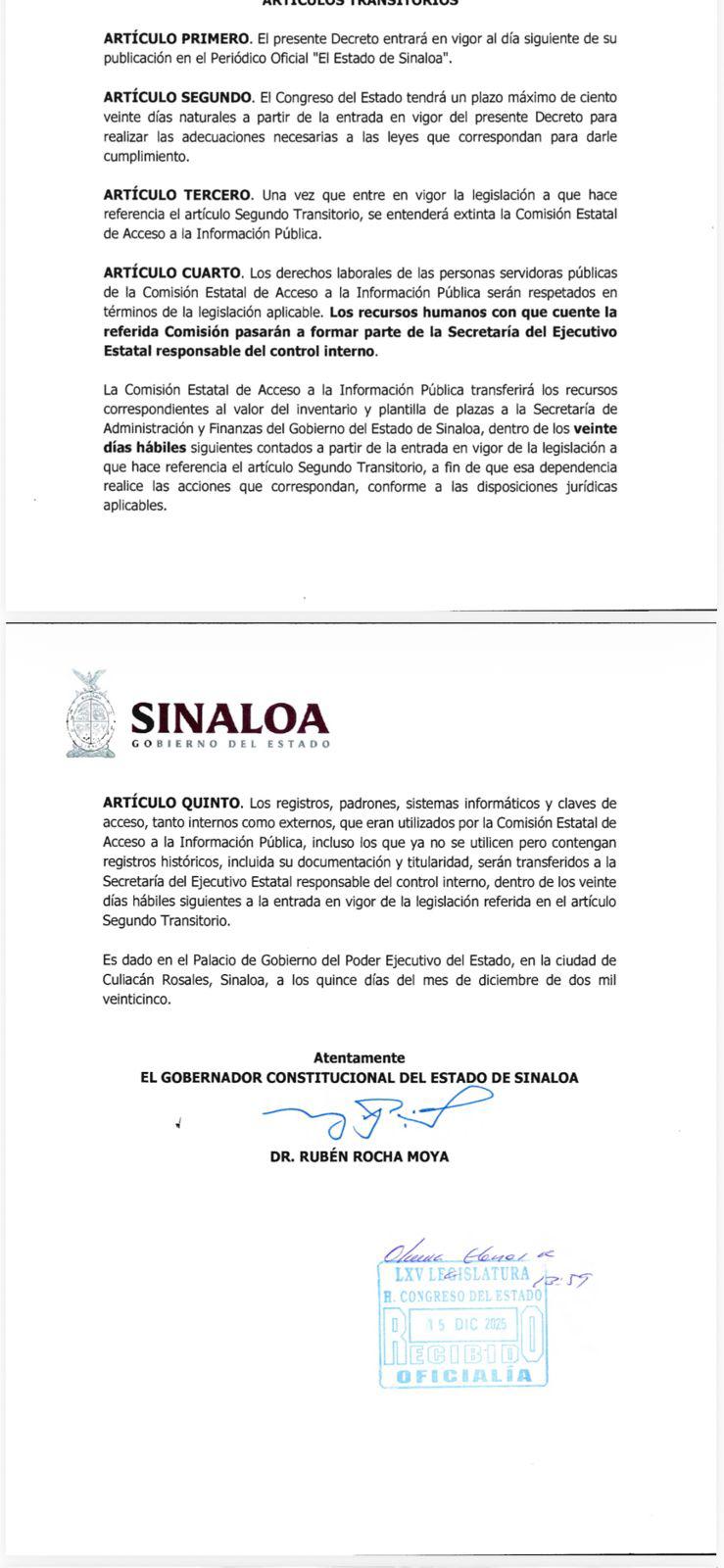 $!Esta es la iniciativa en la que propone Gobierno de Sinaloa extinguir Comisión de Transparencia
