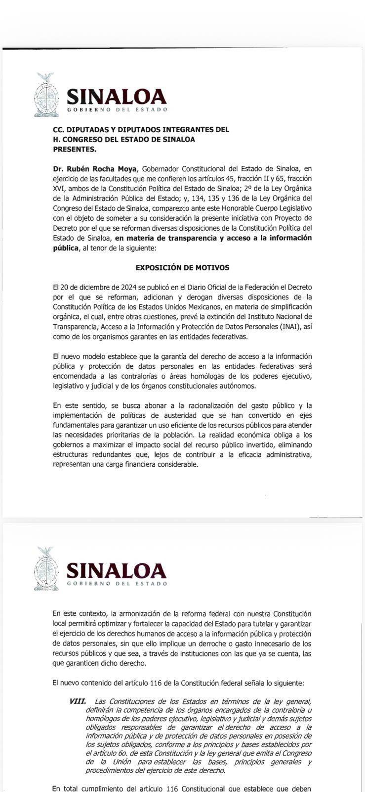 $!Esta es la iniciativa en la que propone Gobierno de Sinaloa extinguir Comisión de Transparencia