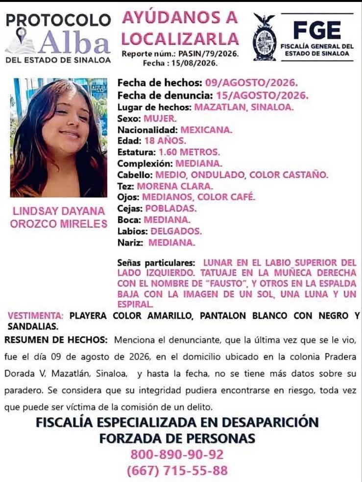$!Lindsay Dayana lleva nueve días desaparecida en Mazatlán; activan Protocolo Alba