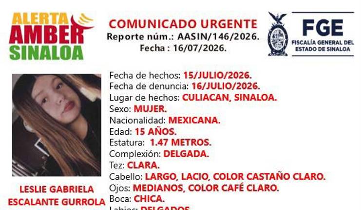 Emiten Alerta Amber para localizar a Leslie Gabriela, desaparecida el miércoles en Culiacán.