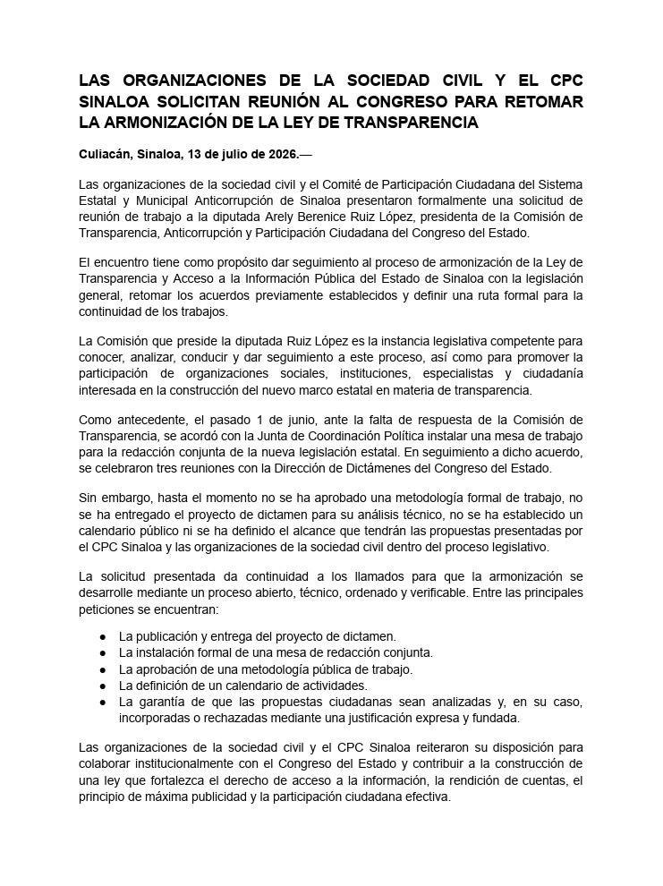 $!Exigen OSC y CPC al Congreso de Sinaloa destrabar armonización de la Ley de Transparencia