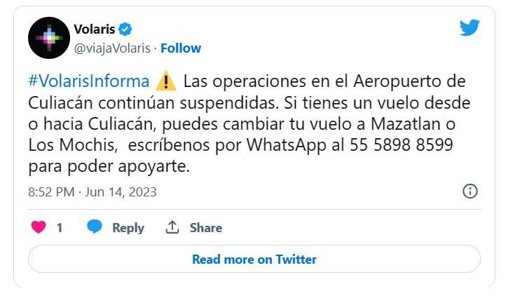 En las redes sociales de Volaris se puede leer el mensaje sobre los vuelos suspendidos en Culiacán.