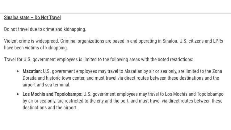 Mantiene Estados Unidos warning para que sus ciudadanos viajen sólo a Mazatlán y Topolobampo