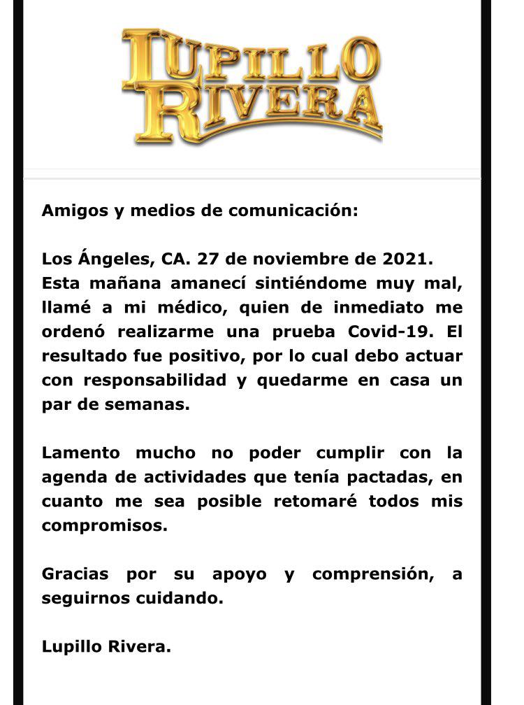 $!Lupillo Rivera da positivo a Covid-19 y cancela presentación en Ciudad de México