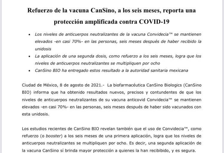 CanSino recomienda aplicar refuerzo de su vacuna contra el Covid, que se puso a maestros, tras seis meses de la primera dosis