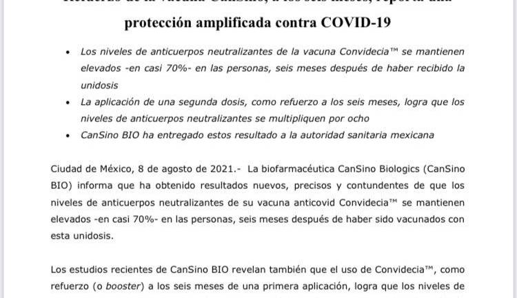 CanSino recomienda aplicar refuerzo de su vacuna contra el Covid, que se puso a maestros, tras seis meses de la primera dosis