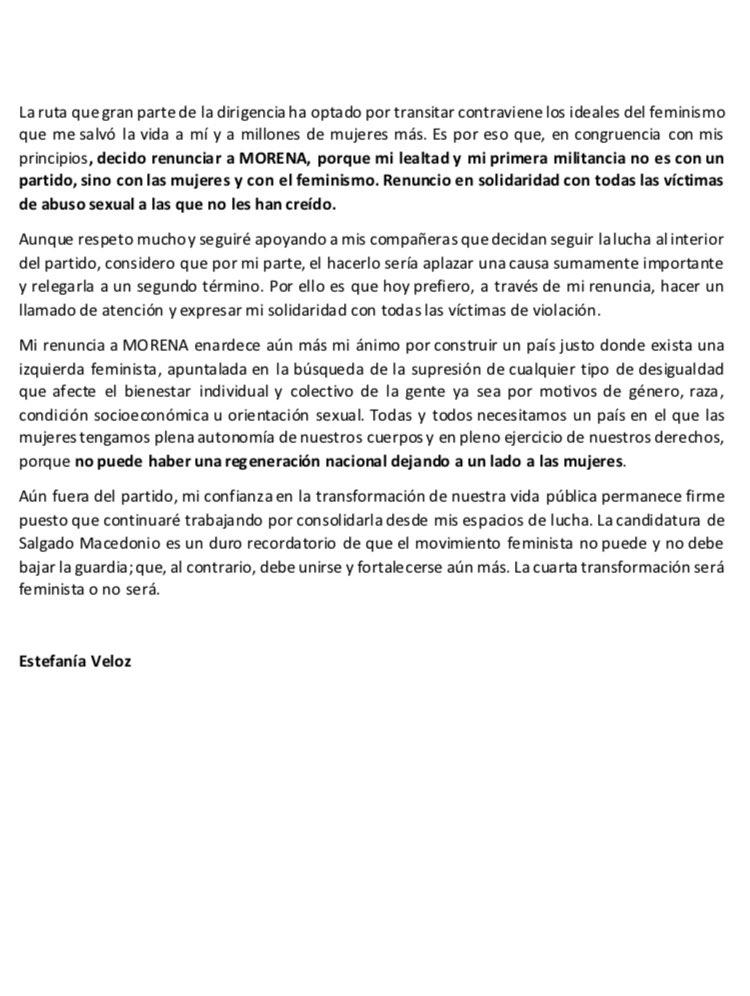 $!Carta de Estefanía Veloz