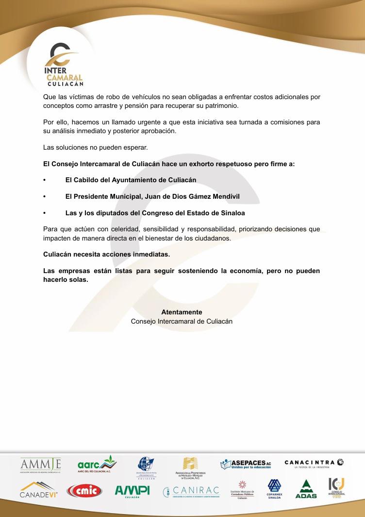 $!Exige Intercamaral Culiacán apoyos fiscales y justicia para víctimas de robo; piden sensibilidad a las autoridades