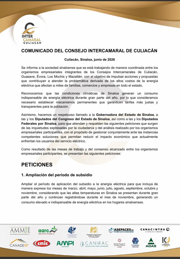 $!Intercamarales de Sinaloa exigen frenar abusos de CFE y ampliar subsidios