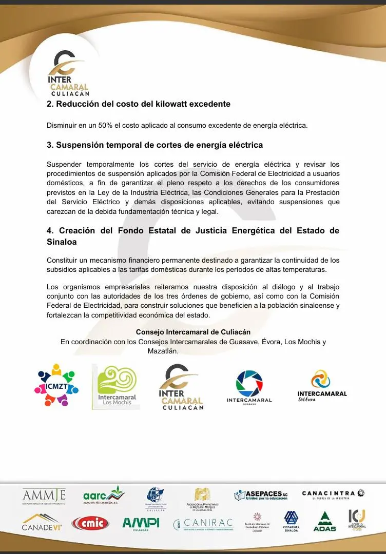 $!Intercamarales de Sinaloa exigen frenar abusos de CFE y ampliar subsidios