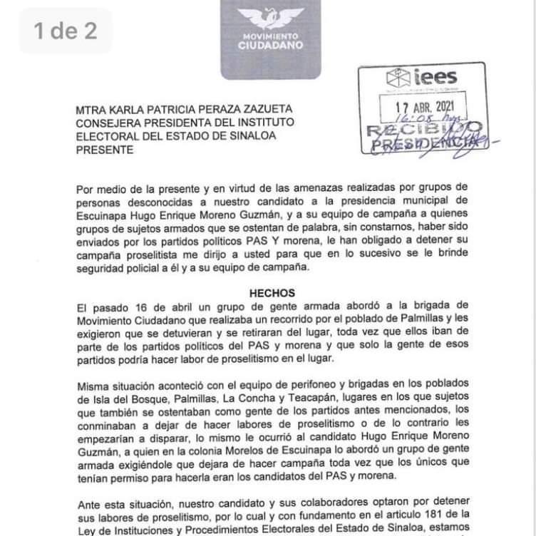 $!Denuncian ante el IEES amenazas contra Hugo Enrique Moreno Guzmán, candidato de Movimiento Ciudadano a la Alcaldía de Escuinapa