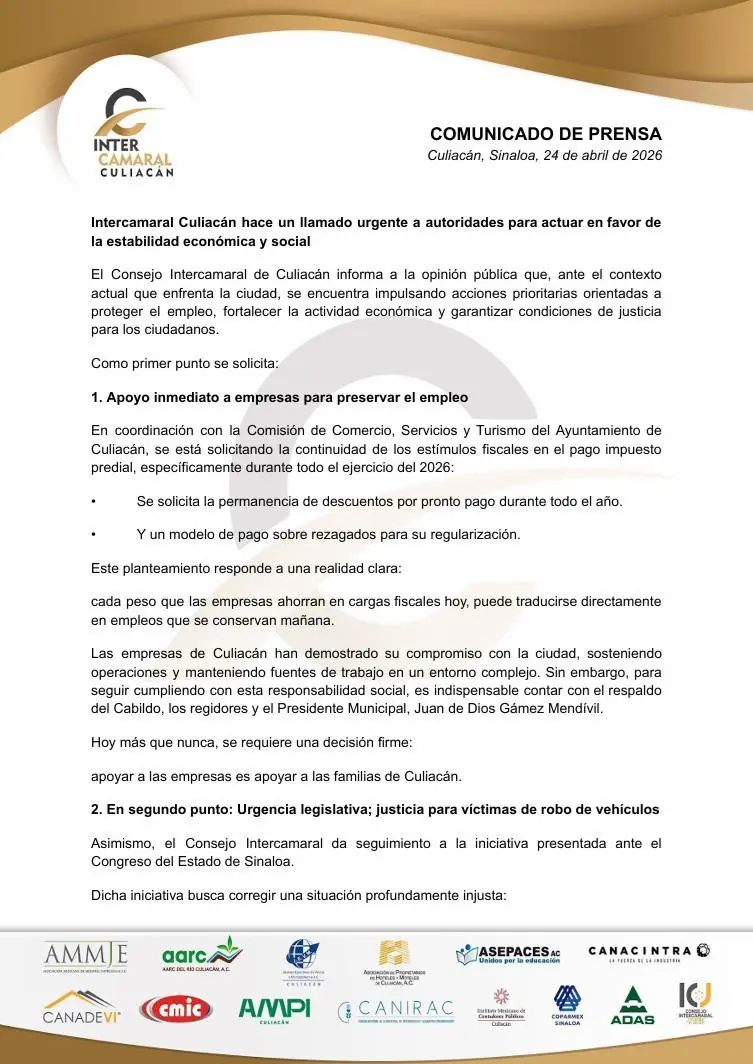 $!Exige Intercamaral Culiacán apoyos fiscales y justicia para víctimas de robo; piden sensibilidad a las autoridades