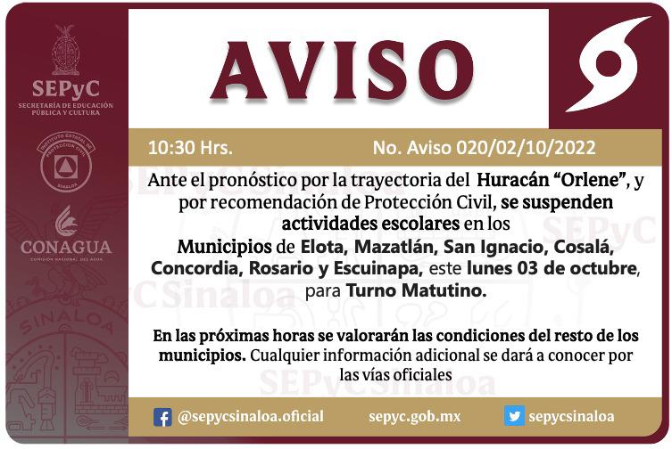 Suspenden clases este lunes por ‘Orlene’ desde Elota hasta Escuinapa