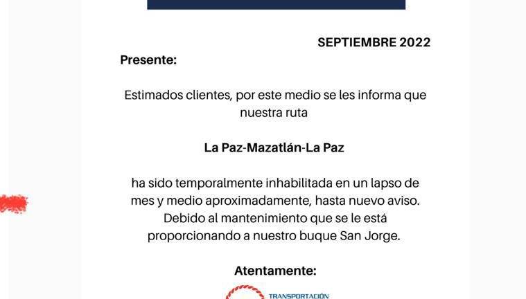 TMC anuncia suspensión temporal de la ruta La Paz-Mazatlán