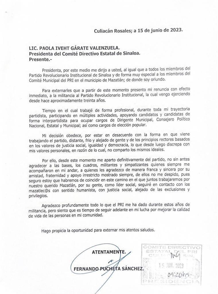 $!Fernando Pucheta presenta su renuncia al PRI
